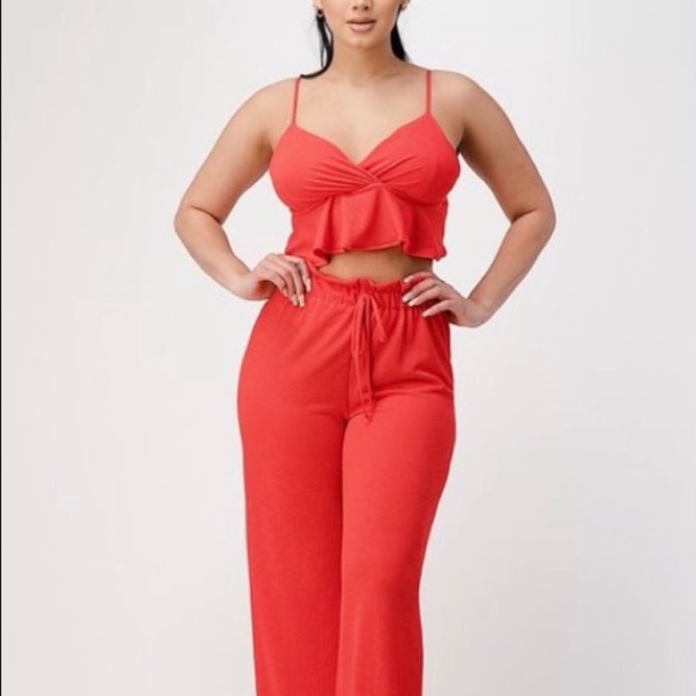 Sexy 2 Pc Crop Top Wide Leg Pants Set